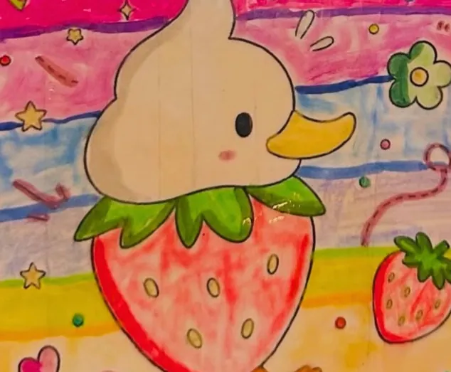 Dibujo ganador: Patricia coloreada con fondo de arcoíris
